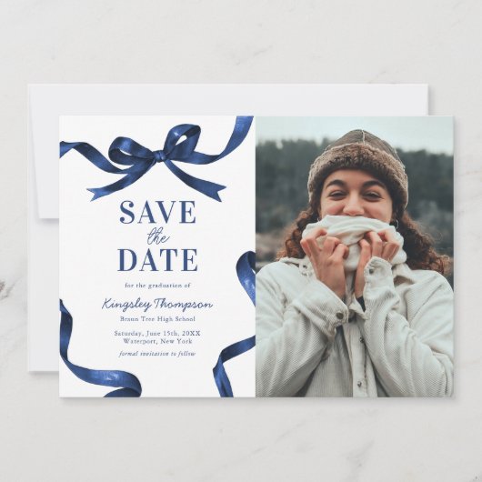 Elegant Blue Bow Graduation Save the Date (Devant)