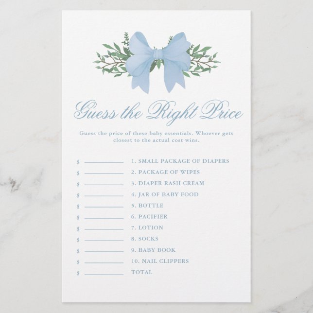 Elegant Blue Bow Raad de prijs Baby shower spel (Voorkant)