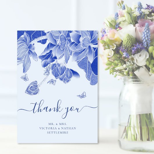 Elegant Blue Butterfly Flowers Wedding Bedankkaart