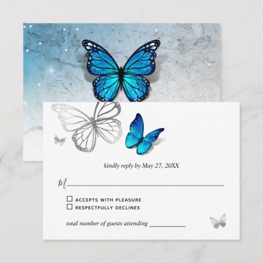 Elegant Blue Butterfly Rustic Waterverf Wedding RSVP Kaartje (Voorkant / Achterkant)