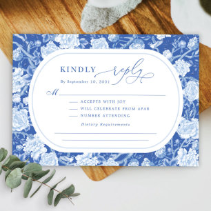 Elegant Blue Chinoiserie Bird Peony Wedding RSVP Kaart