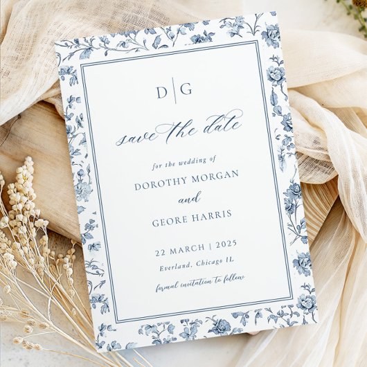 Elegant Blue Chinoiserie Flat Save The Date Card