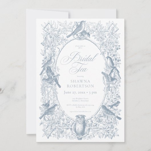 Elegant Blue Chinoiserie Nature Birds Bridal Tea Kaart (Voorkant)