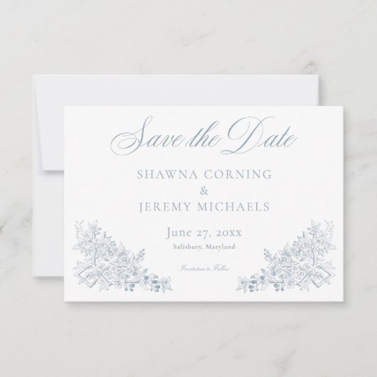 Elegant Blue Chinoiserie Nature & Birds Wedding Save The Date (Voorkant)
