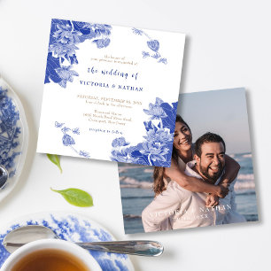 Elegant Blue Chinoiserie Photo Square Wedding Kaart