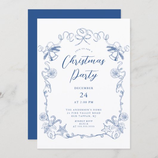 Elegant Blue Christmas Party Invitation Kaart (Voorkant / Achterkant)