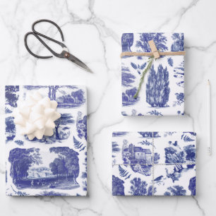 Elegant  Blue Country Pastoral Toile Inpakpapier Vel