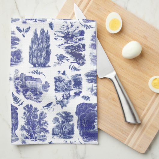 Elegant Blue Country Pastoral Toile Theedoek (Quarter Fold)