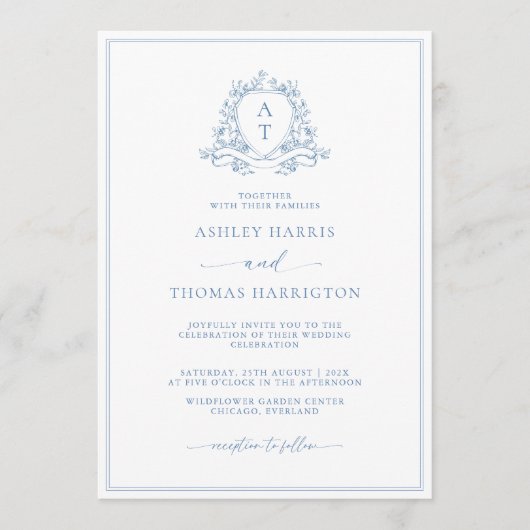 Elegant Blue Crest Monogram Wedding Invitation (Devant)
