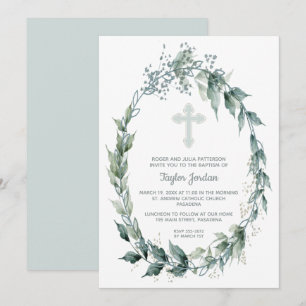 Elegant Blue Cross Greenery Baptisme Kaart
