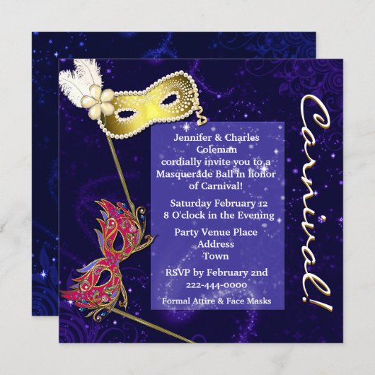 Elegant Blue Custom Masquerade Ball Invitation Kaart (Voorkant / Achterkant)