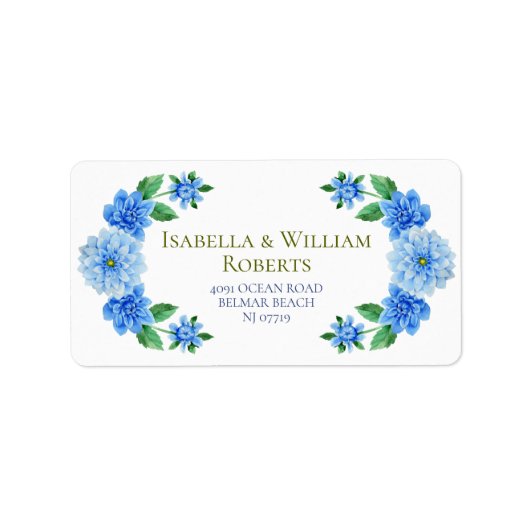 Elegant Blue Dahlia Wedding Address Etiket (Voorkant)