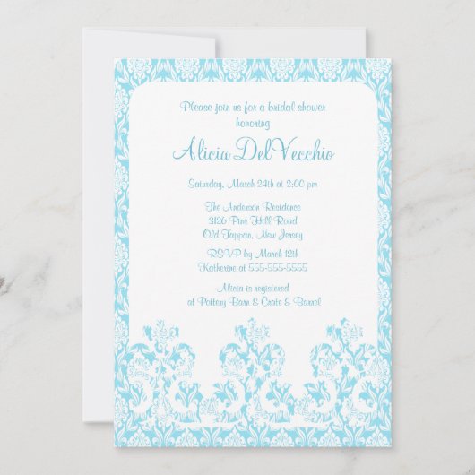Elégant Blue Damask Bridal Shower Invitation (Devant)