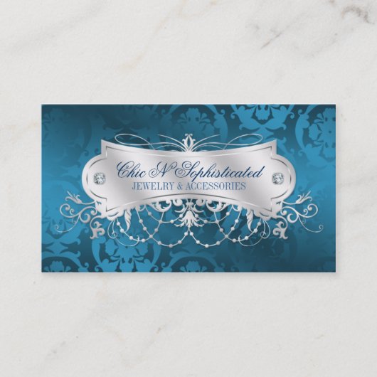 Elegant Blue Damask Swirl Visitekaartje (Voorkant)