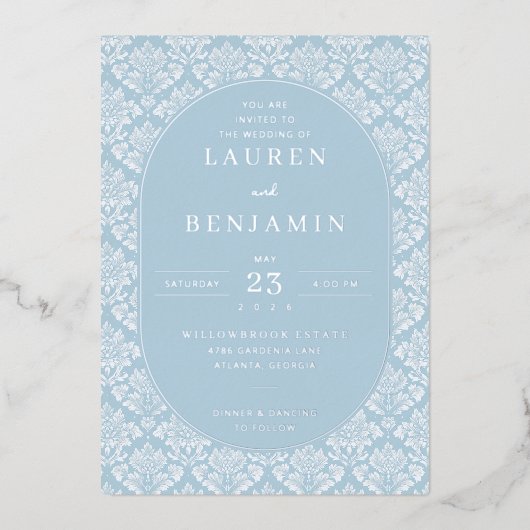 Elegant Blue Damask Wedding Invitation (Recto)
