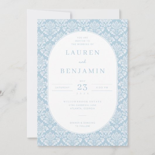Elegant Blue Damask Wedding Invitation (Devant)