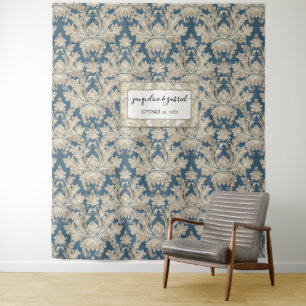  Elegant Blue Damask Weduwfoto Achtergrond Wandkleed