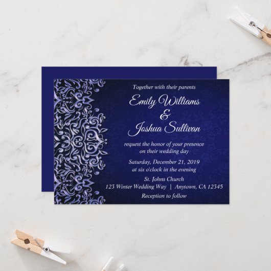 Elegant Blue Damask Winter Wedding Kaart (Voorkant / Achterkant in situ)