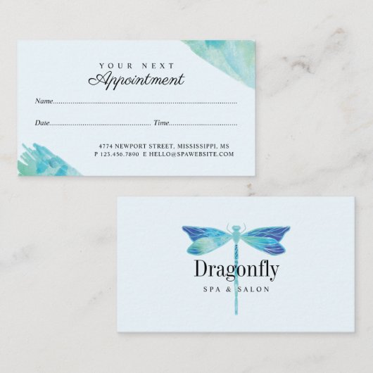 Elegant Blue en Aqua Waterverf Dragonfly Afsprakenkaartje (Voorkant / Achterkant)
