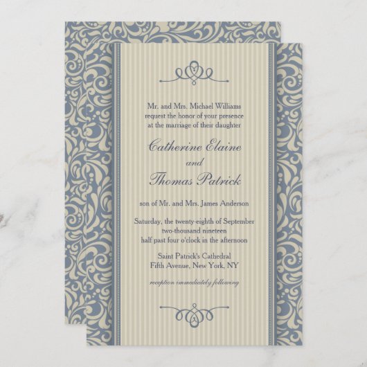 Elegant Blue en beige Baroque Pattern Wedding Kaart (Voorkant / Achterkant)