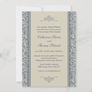 Elegant Blue en beige Baroque Pattern Wedding Kaart