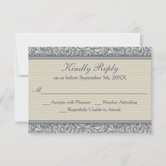 Elegant Blue en beige Baroque Wedding RSVP Kaartje (Voorkant)
