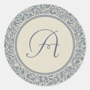 Elegant Blue en Beige Damask met Monogram Ronde Sticker