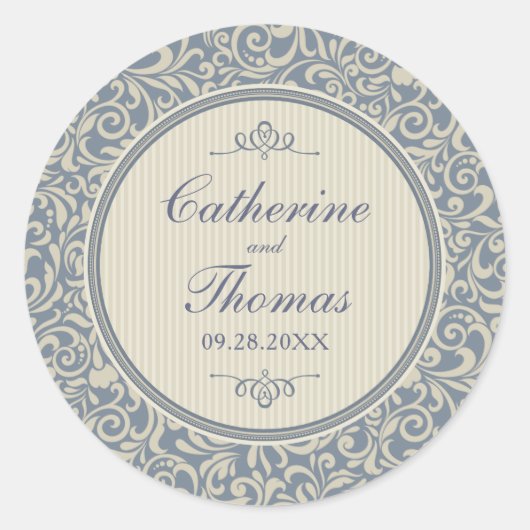 Elegant Blue en Beige Damask Pattern Wedding Ronde Sticker (Voorkant)