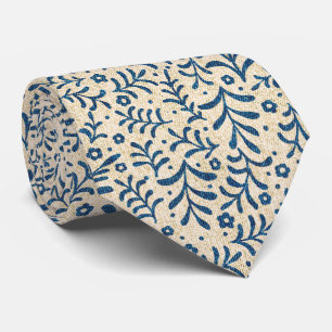 Elegant Blue en Cream Botanical Calico Pattern Stropdas