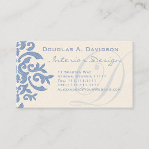 Elegant Blue en Cream Damask Letter D Visitekaartje