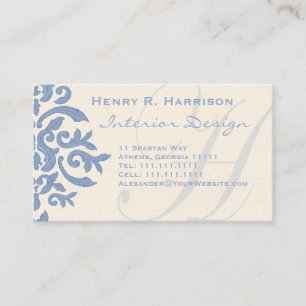 Elegant Blue en Cream Damask Letter H Visitekaartje