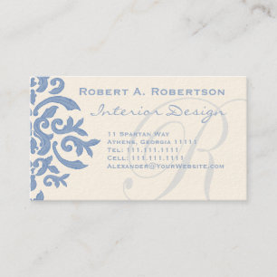 Elegant Blue en Cream Damask Letter R Visitekaartje