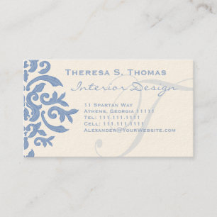 Elegant Blue en Cream Damask Letter T Visitekaartje