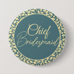 Elegant Blue en Cream Leaf Chief Bridesmaid Ronde Button 7,6 Cm