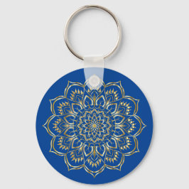 Elegant Blue en Gold Floral Mandala Pattern Sleutelhanger