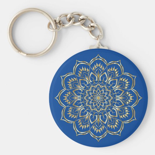 Elegant Blue en Gold Floral Mandala Pattern Sleutelhanger (Voorkant)