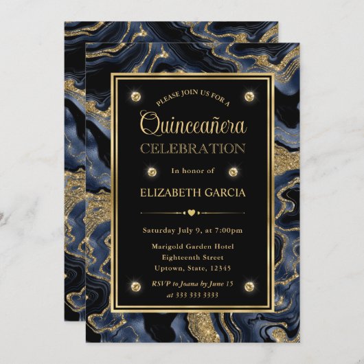 Elegant Blue en Gold Glitter Agate Quinceanera Kaart (Voorkant / Achterkant)