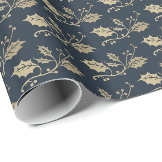 Elegant Blue en Gold Holly Berries Kerstmis Cadeaupapier (Rol Hoek)