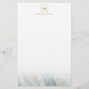 Elegant Blue en Gold Marble Texture Monogramed Briefpapier