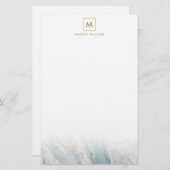 Elegant Blue en Gold Marble Texture Monogramed Briefpapier (Voorkant / Achterkant)