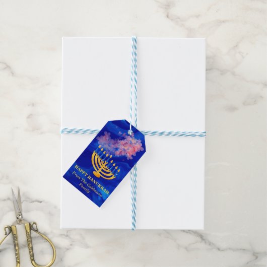 Elegant Blue en Gold Menorah Happy Hanukkah Cadeaulabel (Met Touw)