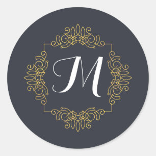 Elegant Blue en Gold Monogram Geef je eigen naam Ronde Sticker