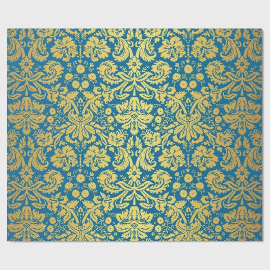 Elegant Blue en Gold Royal Damask Pattern Cadeaupapier (Vlak)