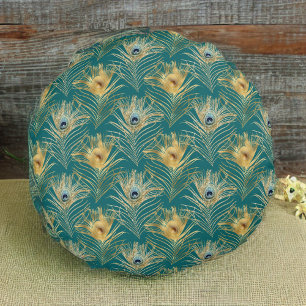 Elegant Blue en Golden Peacock Feathers on Green Rond Kussen