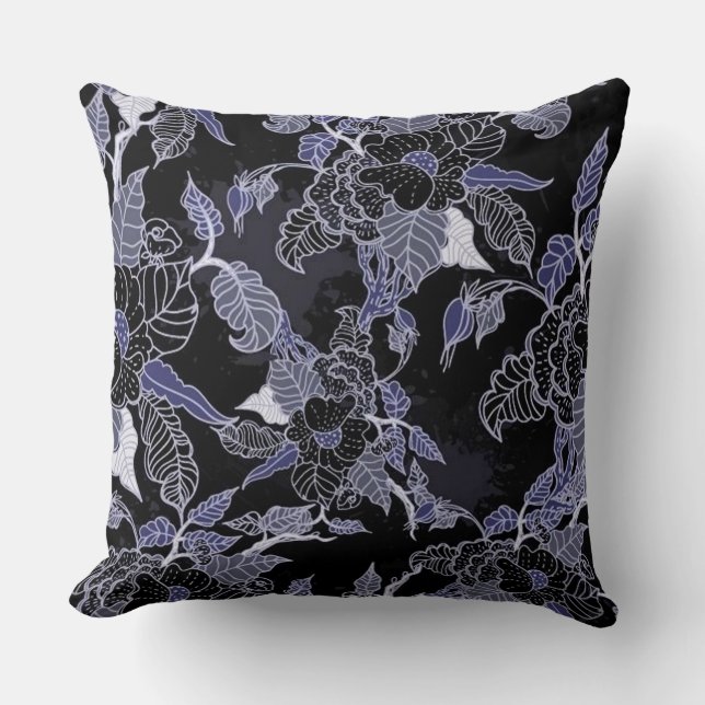 Elegant Blue en Gray Dark Floral Sierkussen (Voorkant)
