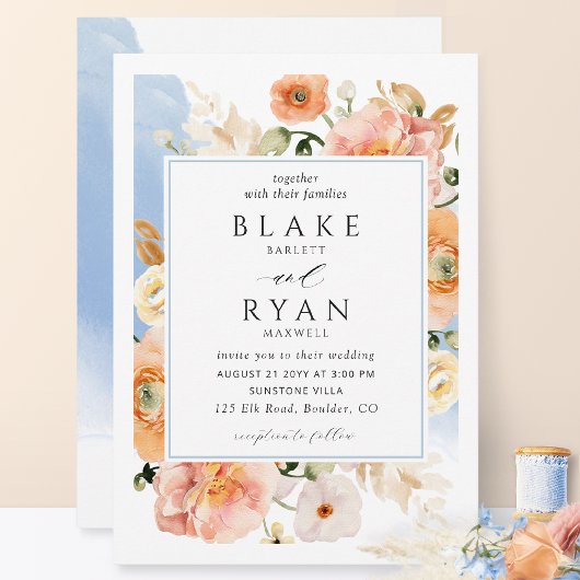 Elegant Blue en Peach Botanical Wedding Kaart