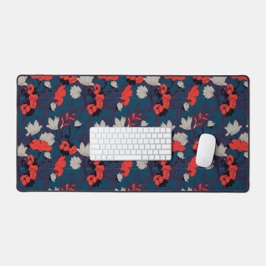 Elegant Blue en Red Floral Pattern Bureaumat (Keyboard & Muis)