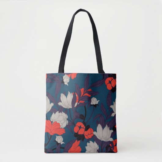 Elegant Blue en Red Floral Pattern Draagtas (Voorkant)