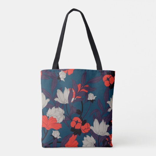 Elegant Blue en Red Floral Pattern Draagtas (Achterkant)