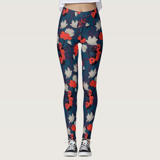 Elegant Blue en Red Floral Pattern Leggings (Voorkant)